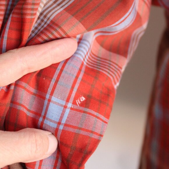 Vintage 1970s Shirt, Viking Dagger Collar Orange Plaid Tratan Button Down Blouse - Picture 4 of 10